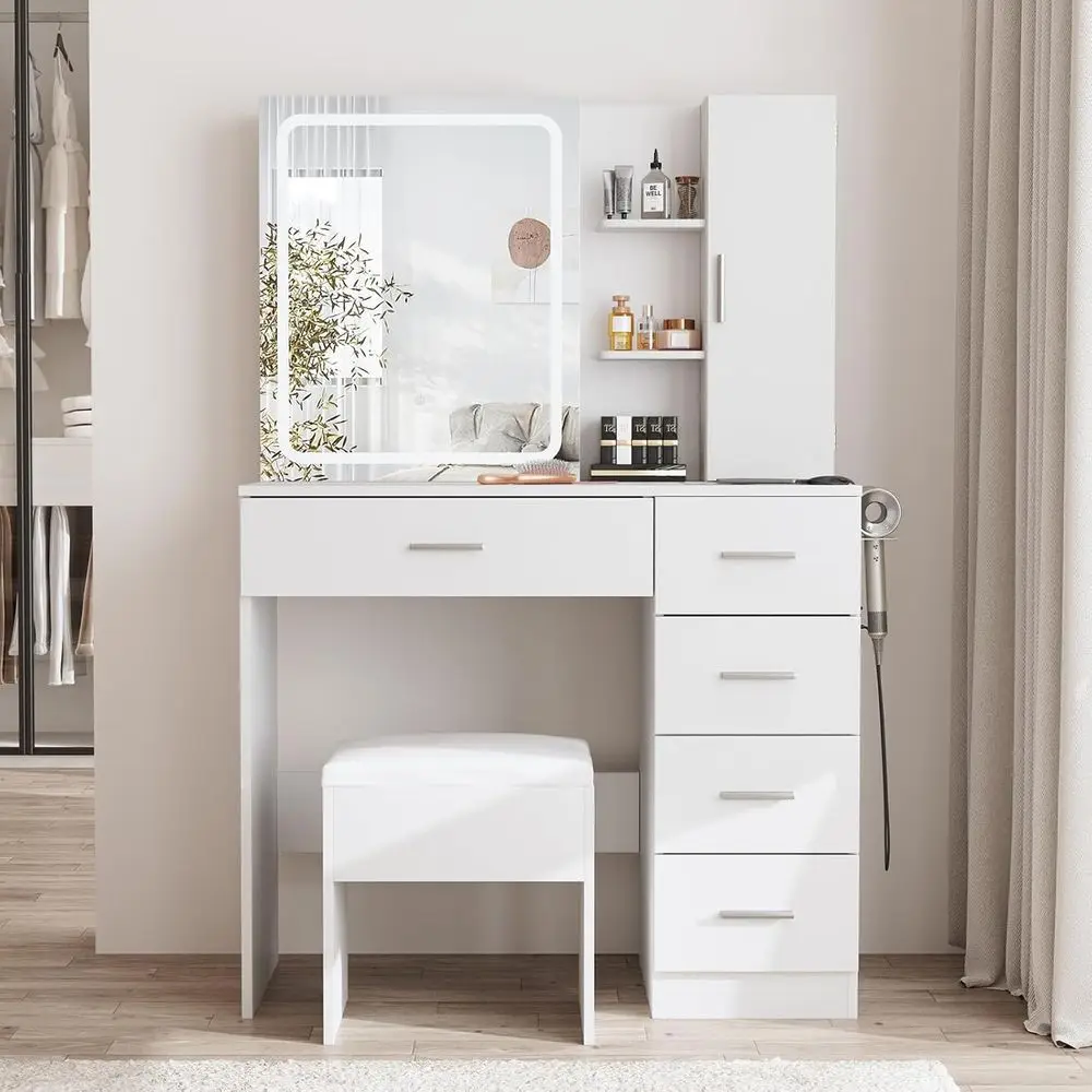 White Vanity Desk with Mirror, Lights, and Power Strip, Makeup Table Set with Sliding Storage and 5 Drawers & Shelves view 4