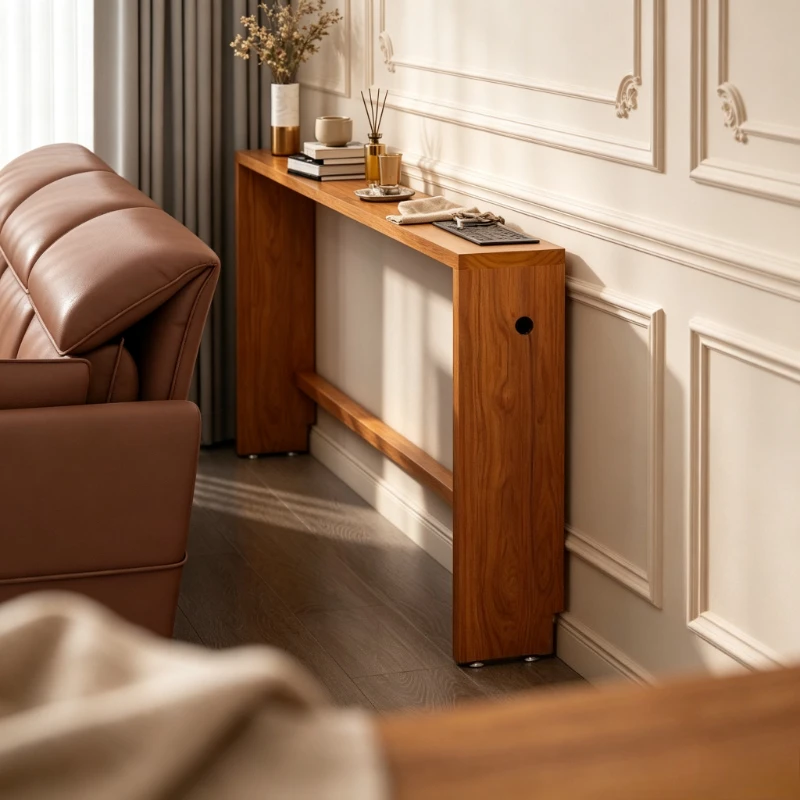 Solid Wood Narrow Console Table, Sofa Back Charging Shelf with USB Ports, Double-layer Anti-collision Storage Rack for Couch.