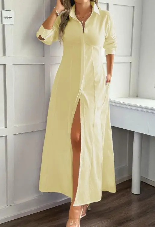 

Women's Dress Summer New Style French Temperament Elegant Fashion Style Solid Simple Lapel Waist Cinched Button Up Shirt Dress