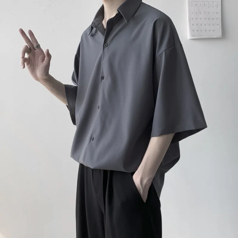 

Summer New Fashion Men's Loose Half Sleeve Turn-down Collar Solid Color Casual Trendy Daily Simple Basic Shirts Male Top Clothes