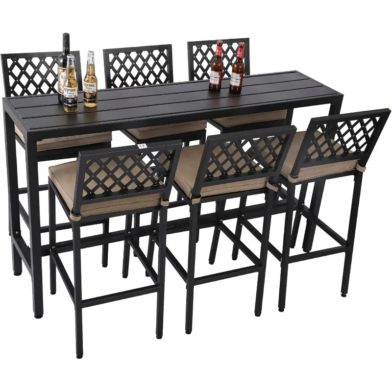 Outdoor Patio Bar Set, Bar Height Patio Dining Set, Weather-Resistant Bistro Counter Pub Set with Cushions & Slatted Tabletop