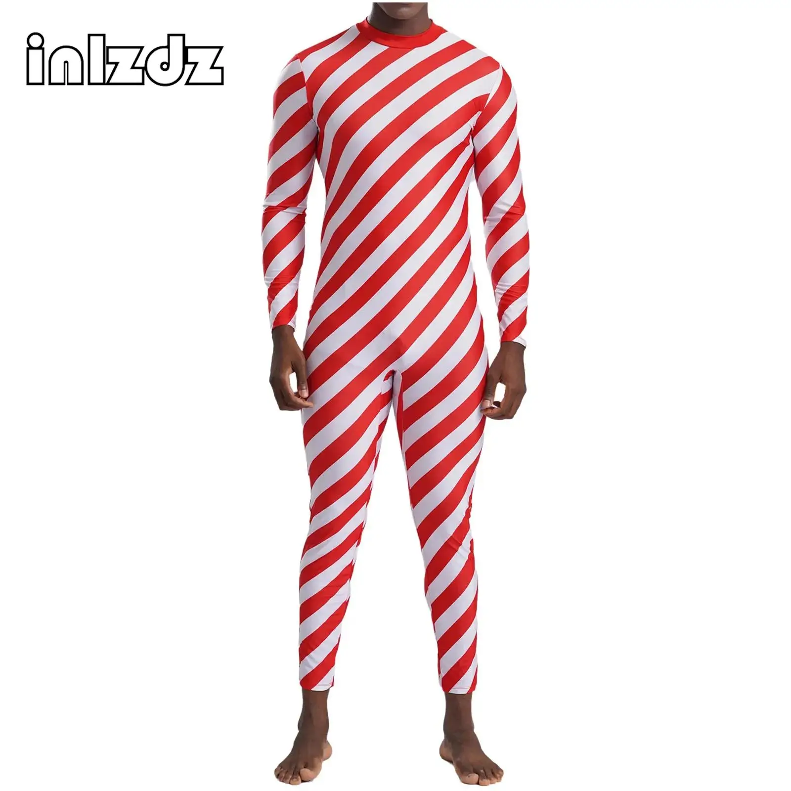 

Men Women Christmas Jumpsuit Candy Cane Striped Full Bodysuit Santa Claus Cosplay Costume Ballet Gymnastics Skating Leotard