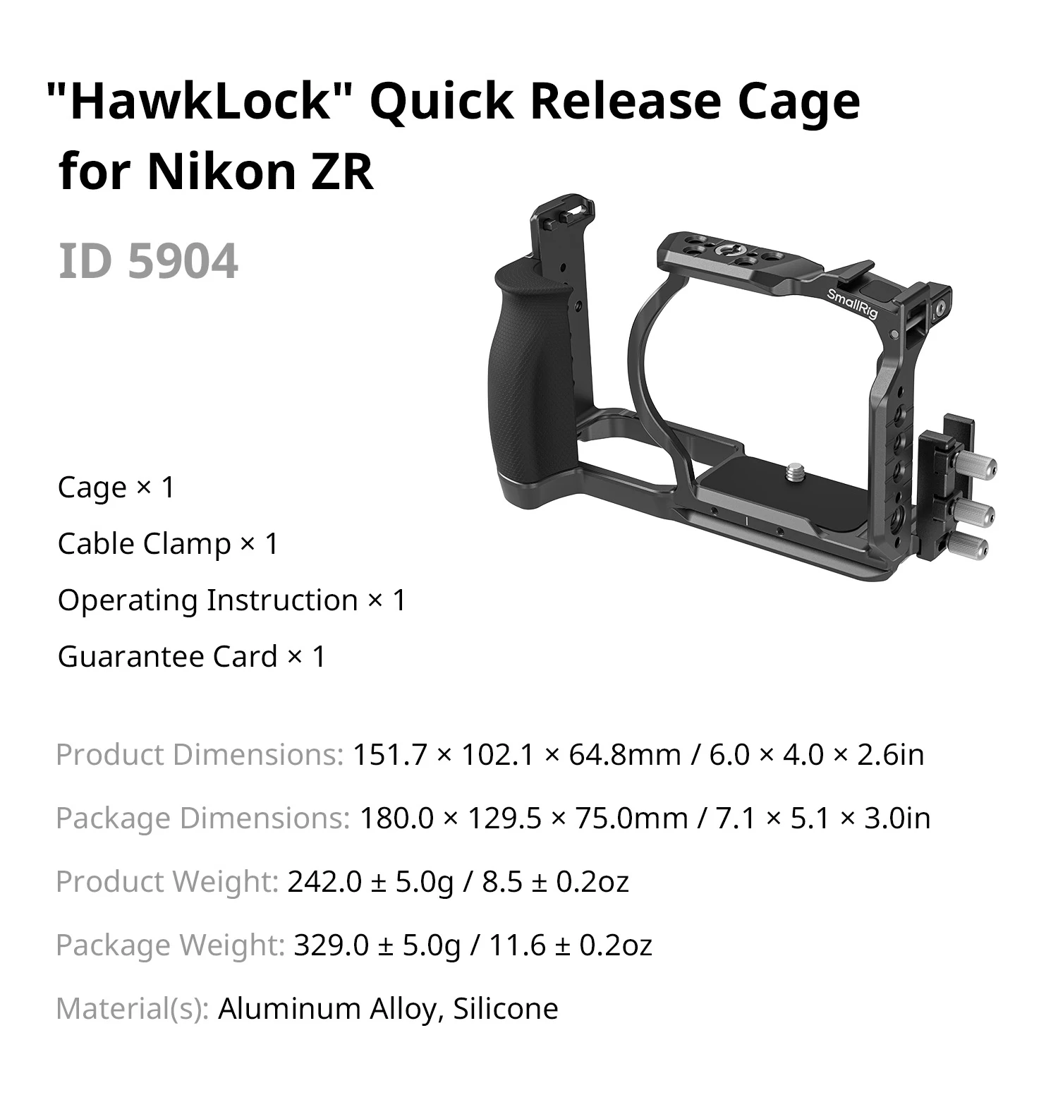SmallRig ZR "HawkLock" Quick Release Cage voor Nikon ZR met kabelklem Siliconen handvat Ingebouwde Arca-Swiss Quick Release Plate