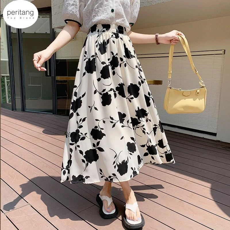 PERITANG Vintage Printed Long Skirt Women Summer Elastic High Wiast Mid-Calf Skirts Female Casual All-Match A-Line Pleated Skirt