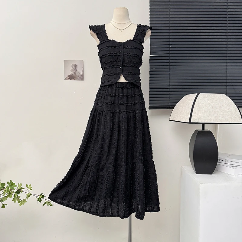 2025 nuevo verano mujeres de un solo pecho Mini camisola + cintura elástica una línea falda larga 2 uds conjunto trajes estilo playa