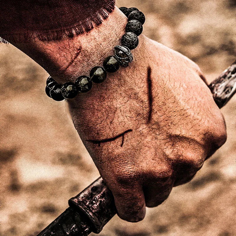 Pulsera de cuentas de piedra Natural negra para hombre y mujer, accesorios para casco, cuentas de piedra de mapa volcánico, joyería elástica para hombre, con un significado fuerte