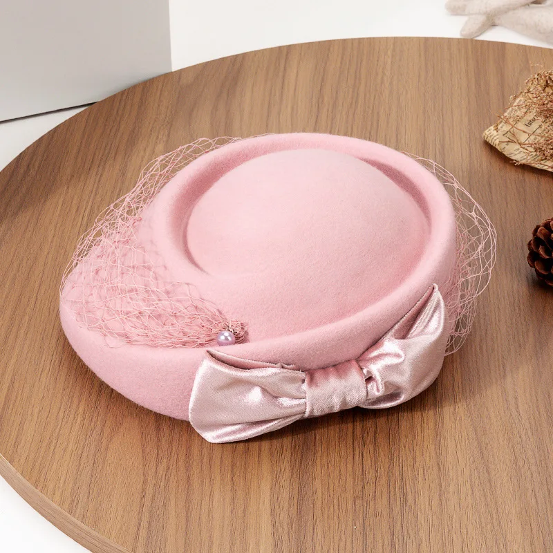 Australian Wool Blend Cloche Hat Women Veil Beret with Bow Dinner Party Hat Winter Felt Hat Fashion