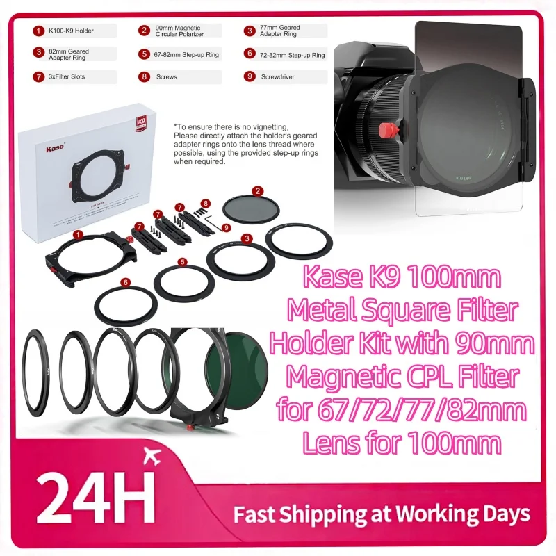 Kase K9 Slim 100mm Filter Holder Kit Includes Magnetic CPL & 67mm 72mm 77mm 82mm Adapters