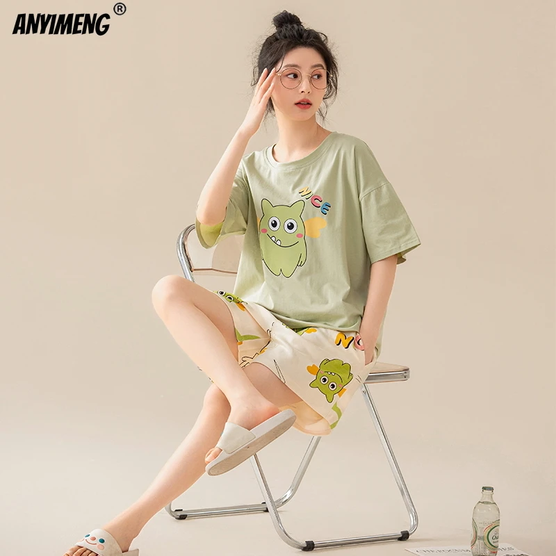 100% Pure Cotton Women Pajamas Summer Cartoon Print Pijamas Girls Nightwear Homewear Short Sleeve Sleepwear O-neck Loungewear