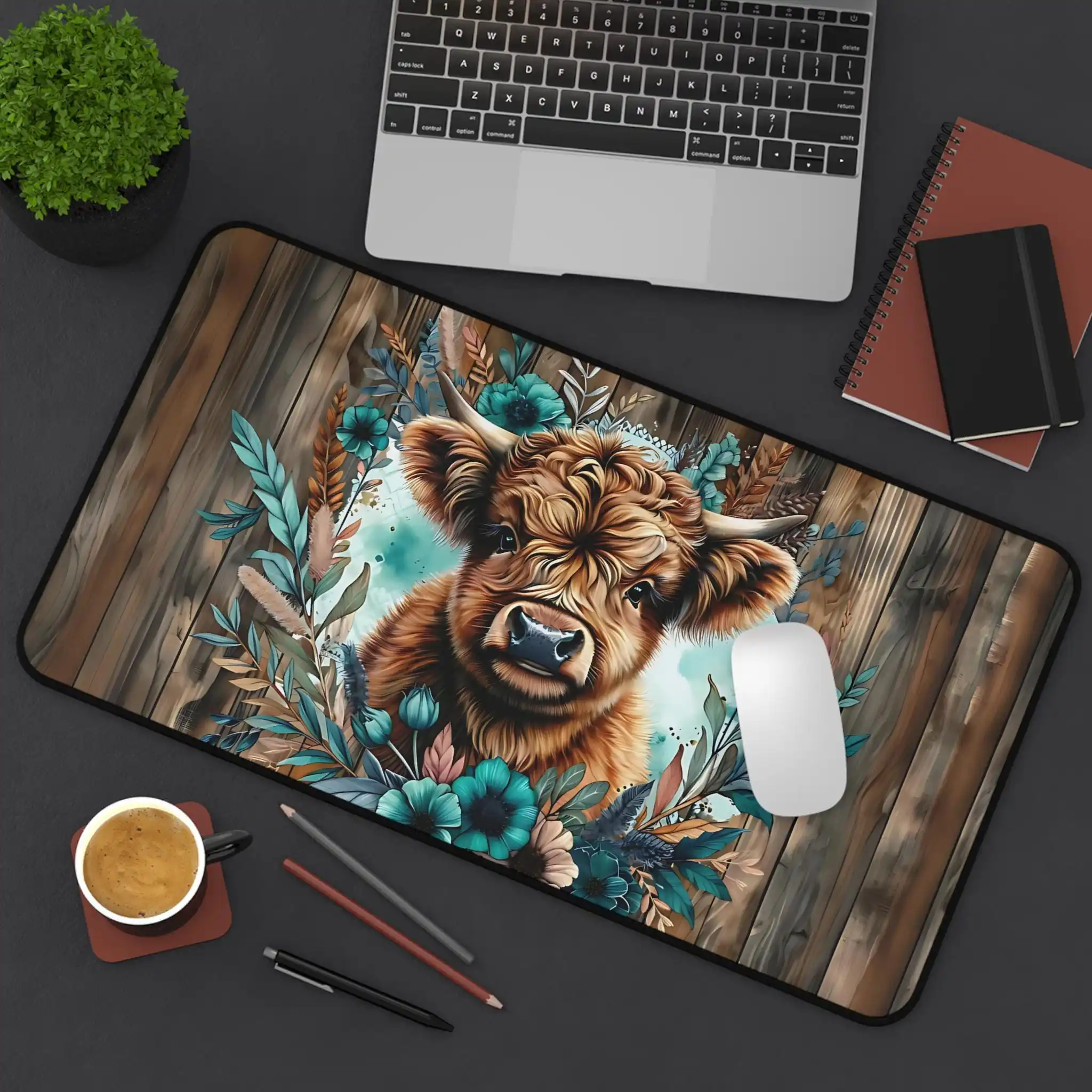 

Highland Cow Table Mat Rural Game Mouse Pad with A Rustic Western Wooden Background Gift, Suitable for Cow Lovers Gifts.