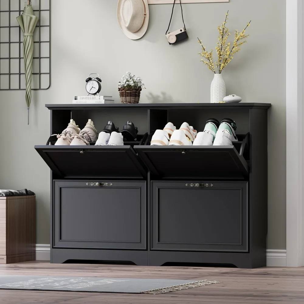 

Large Shoe Cabinet for Entryway, 4 Flip Drawer Organizer with Adjustable Shelves, Wooden Slim Shoe Storage Cabinet and Rack for