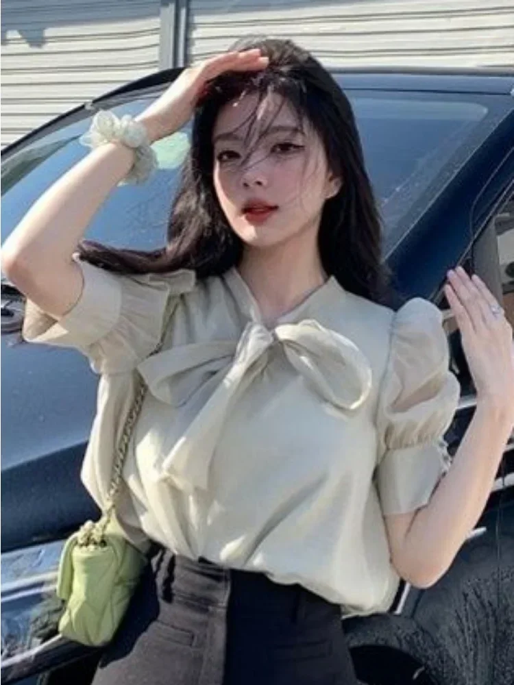

Женские блузки с пышными рукавами в корейском стиле, однотонные, универсальные, летние, модные, в стиле Ulzzang, повседневные, элегантные