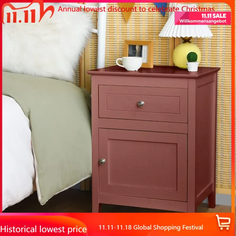 

Nightstand Set of 2, Wooden Bedside Tables with Drawer and Storage Cabinet, 4 Solid Wood Legs, End Side Table for Living