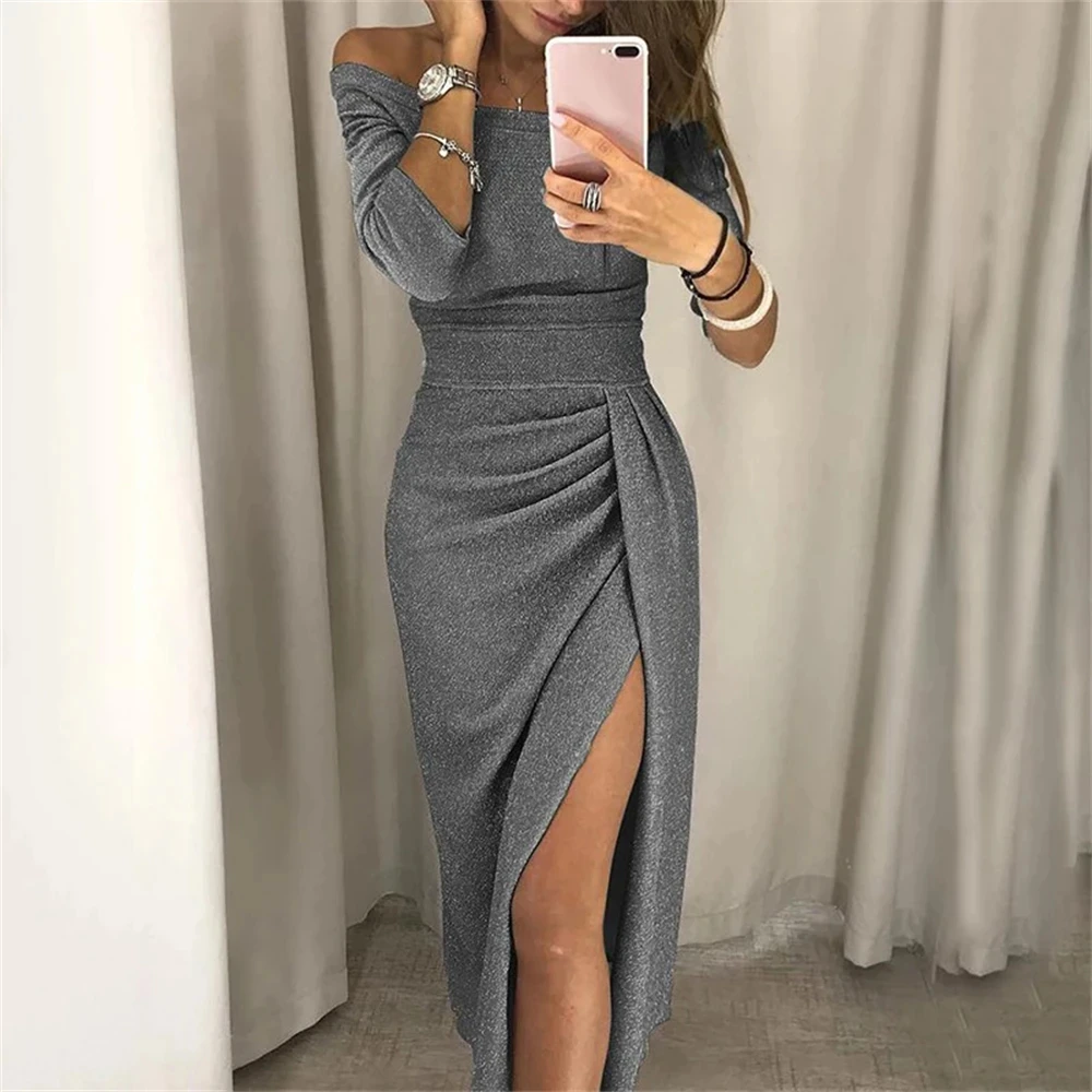 Simple Solid Homecoming Dress Lady Off Shoulder Party Prom Dresses Autumn Winter High Waist Long Dress Elegant Party Gowns