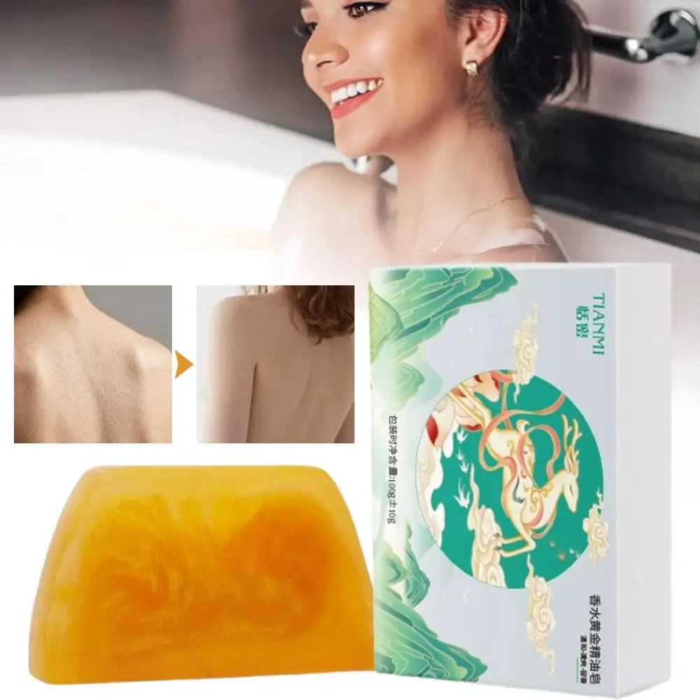 صابون ذهبي مصنوع يدويًا من الزيوت العطرية مزيل البقع السوداء لطيف نظيف تقليص المسام ترطيب الجسم الوجه بار الصابون 100 جرام