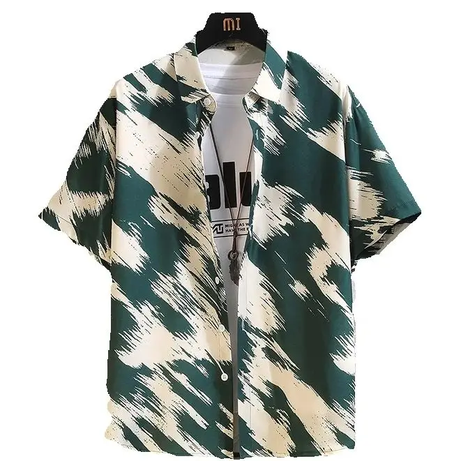 

Summer Fashion Ice Silk Loose Shirt Men Printed Hawaiian Short Sleeve Oversized Beach Holiday Vacation Casual Top
