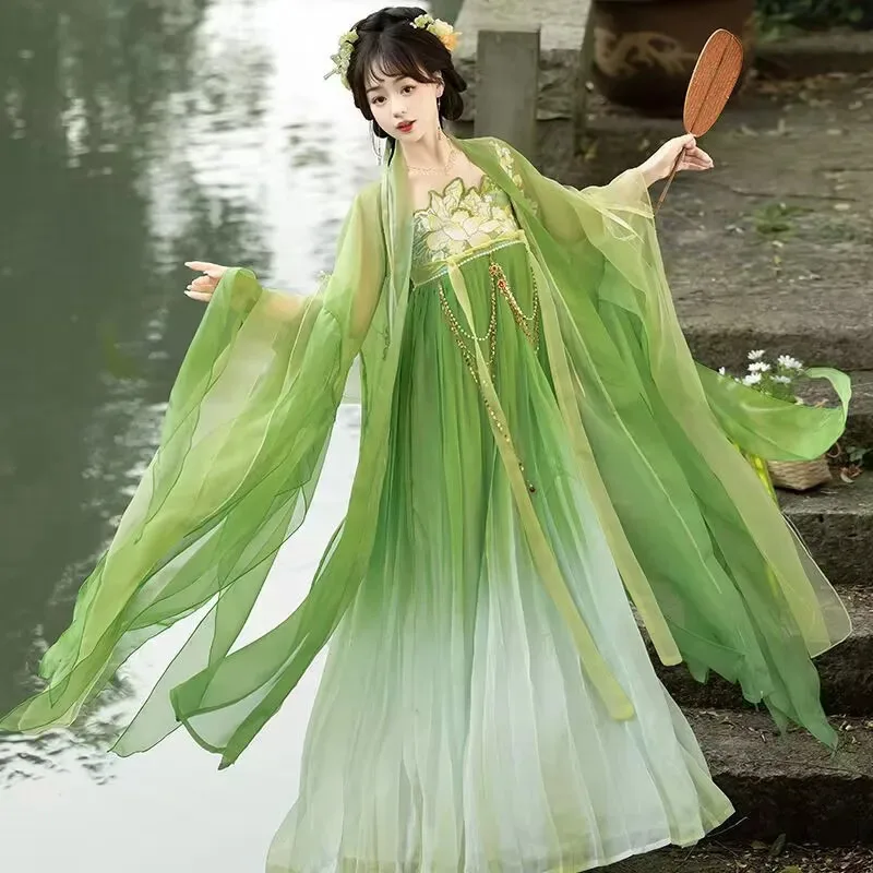 

Chinese Hanfu Dress Women Carnival Cosplay Costume Ancient Tang Dynasty Embroidered Green&Blue Gradient Hanfu Party Dress