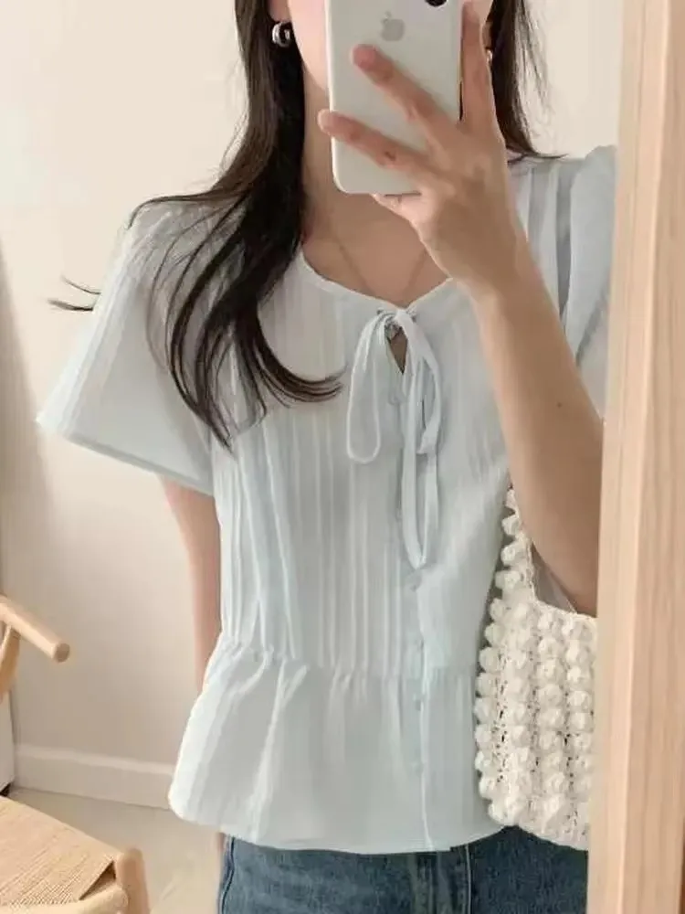 Koreański styl MD, słodki, prosty, wyszczuplający, okrągły dekolt, luźny krój, odprowadzający wilgoć, modny top damski do pracy.