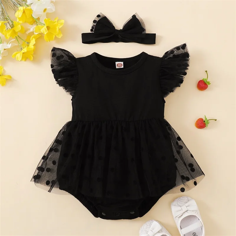 

Summer Infant Girls Romper + Headband Fly Sleeve Black Mesh Rompers Jumpsuit For Newborn Items Baby Clothing