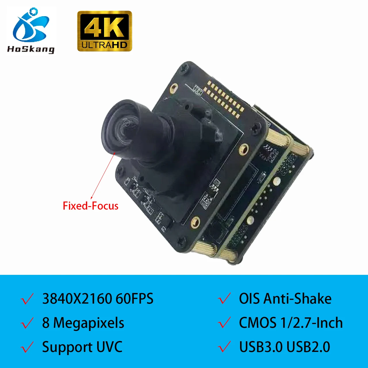 

HD USB3.0 Camera Module 8 Megapixel 3840Hx2160V 4K 60FPS FF 88.2Degree MJPG, YUY2, H.264, H.265, NV12, AV01 UVC Compatible