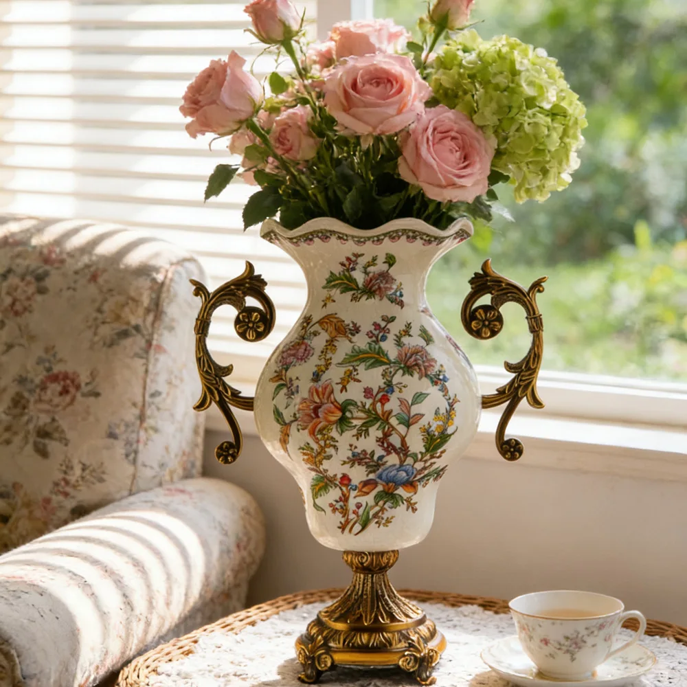 

New American retro high-footed floor-to-ceiling large vase trophy ornament villa European binaural ceramic vase decoration