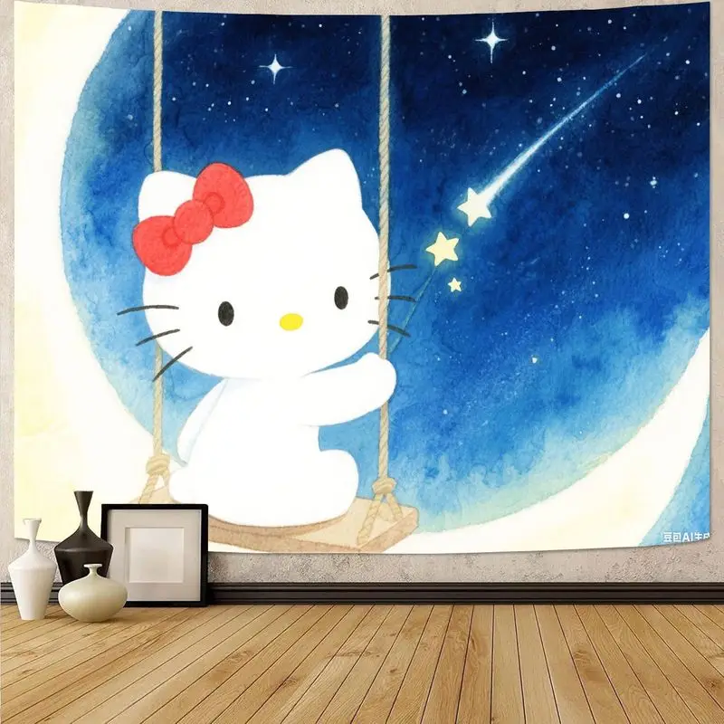 

1 шт., гобелен с милым котенком, висит в лунном свете, кавайный настенный художественный декор для спальни, гостиной, подарки для любителей кошек