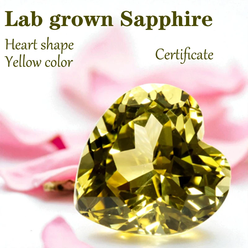 

Выполненный в лаборатории сапфир в форме сердца желтого цвета VVS1 DIY усовершенствованные ювелирные изделия кольца изготовление сережек с сертификатом оптовая продажа с фабрики