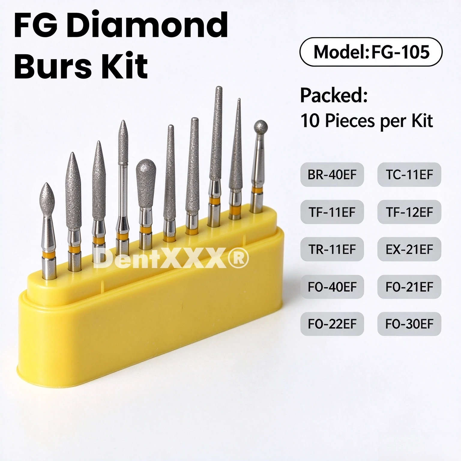 10Pcs/box Diamond Burs Set for Composite and Porcelain Crown Fine Polishing, FG 1.6mm Shank, for High Speed Handpiece