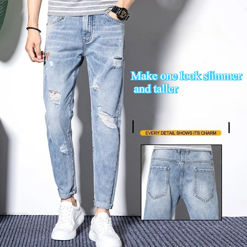 

Men's Jeans Long Pants Slim Fit Casual Style Holes At The Top for Spring Summer Seasons Korean Version for Self-cultivation
