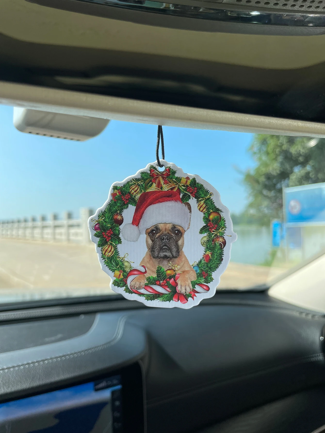 Christmas French Bulldog Santa Hat Wreath Hanging Car Air Freshener, Plant‑Extracted Fragrance Alcohol‑Free, 60‑90 Days Long Las