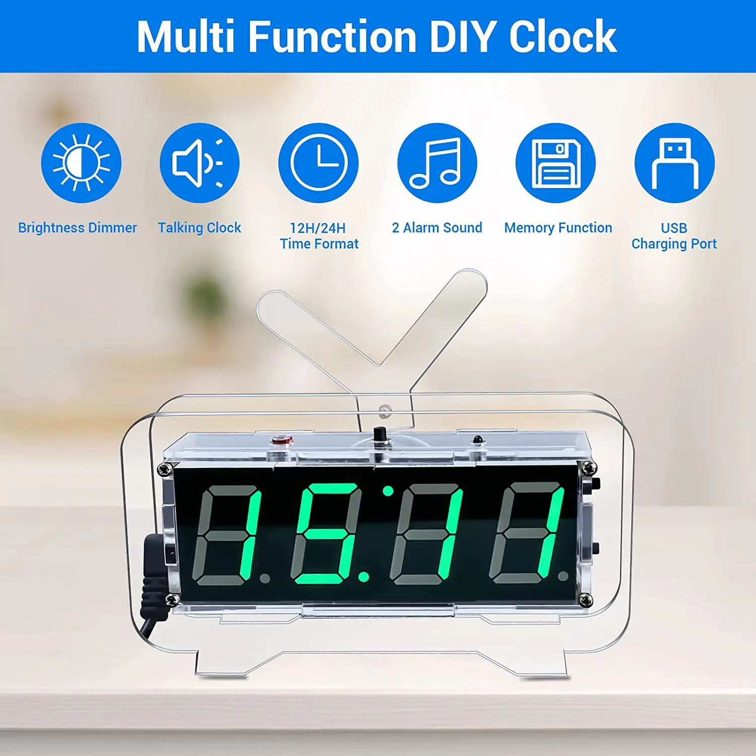 DIY Electronic Kit 4 Digital Alarm Clock LED Music Alarm Green Clock Soldering Project KitTime Date Alarm Temperature Display