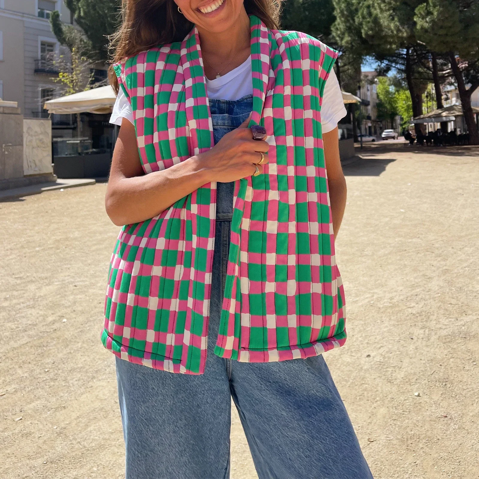 Женский теплый пуховик с модным принтом, кардиган без рукавов с открытой передней частью, стеганое пальто, осенняя верхняя одежда