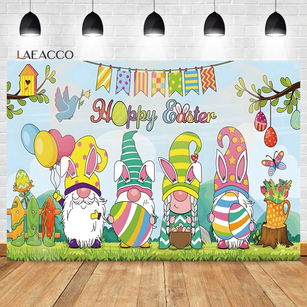 

Laeacco Easter Backdrop Cartoon Goblin Cute Rabbit Colorful Egg Kid Newborn Birthday Portrait Customized Photography Background
