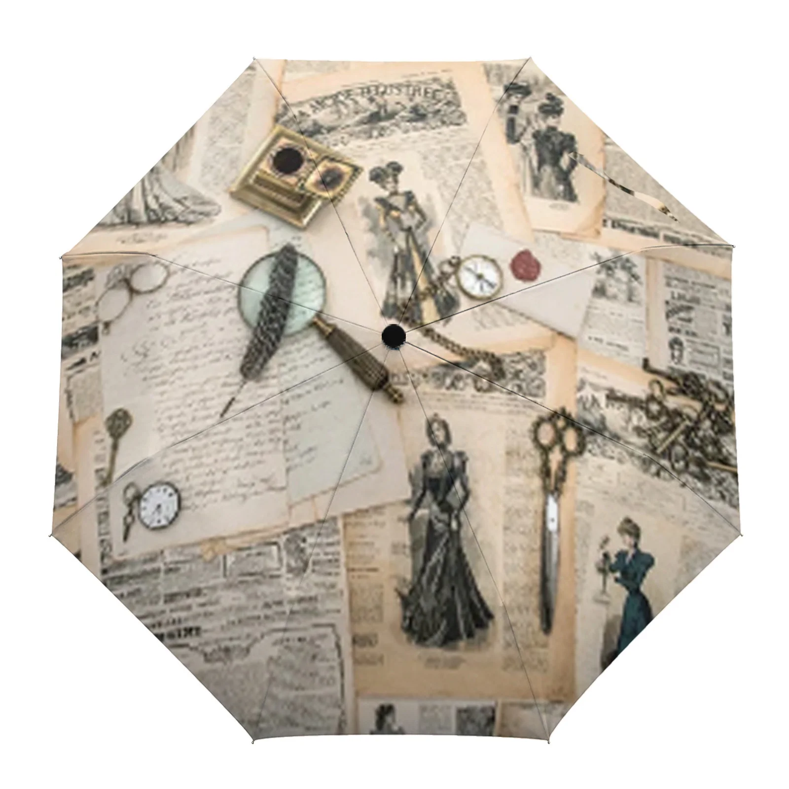 old newspaper magnifying glass Fully-automatic Rain Umbrella for Women Kid Foldable Sun Umbrella Printed Eight Strands Umbrella