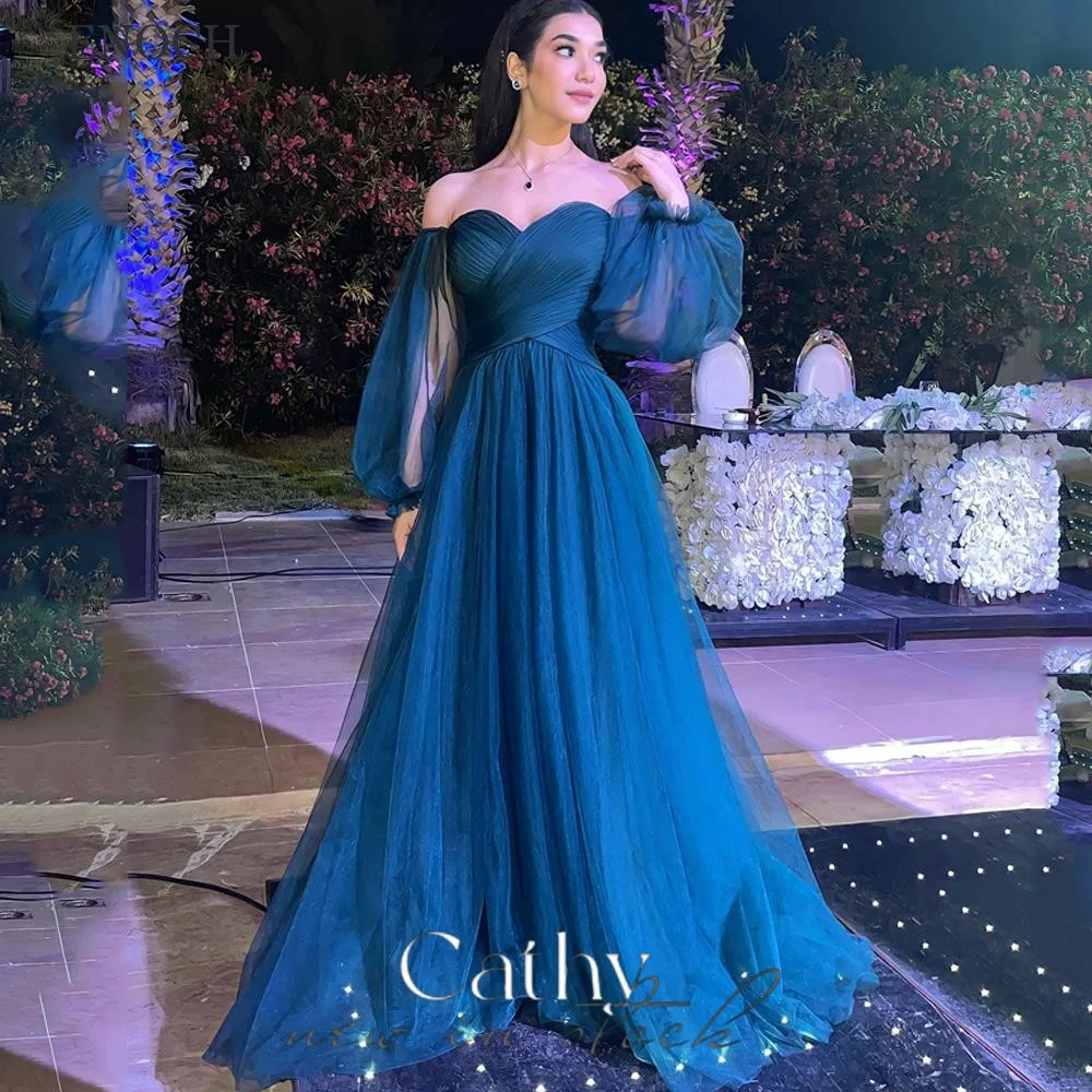 

Cathy Blue Off the Shoulder Prom Dresses Sweetheart Puffy Sleeves فساتين السهرة Elegant Floor-Length A-line Vestidos De Noche