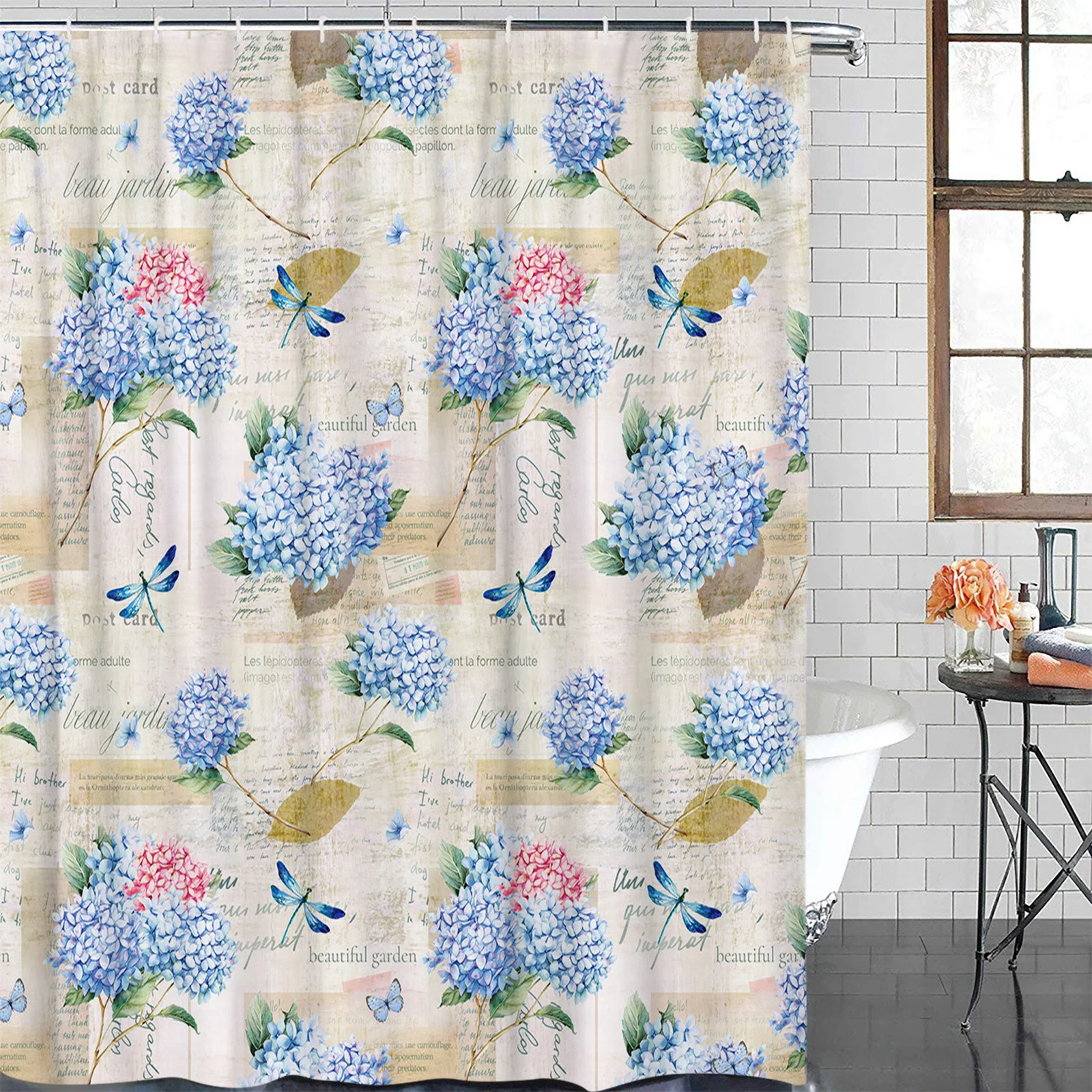 Spring Hydrangea Flower Dragonfly Vintage Waterproof Shower Curtain Printed Bath Curtains Bathroom Decoration Accessories