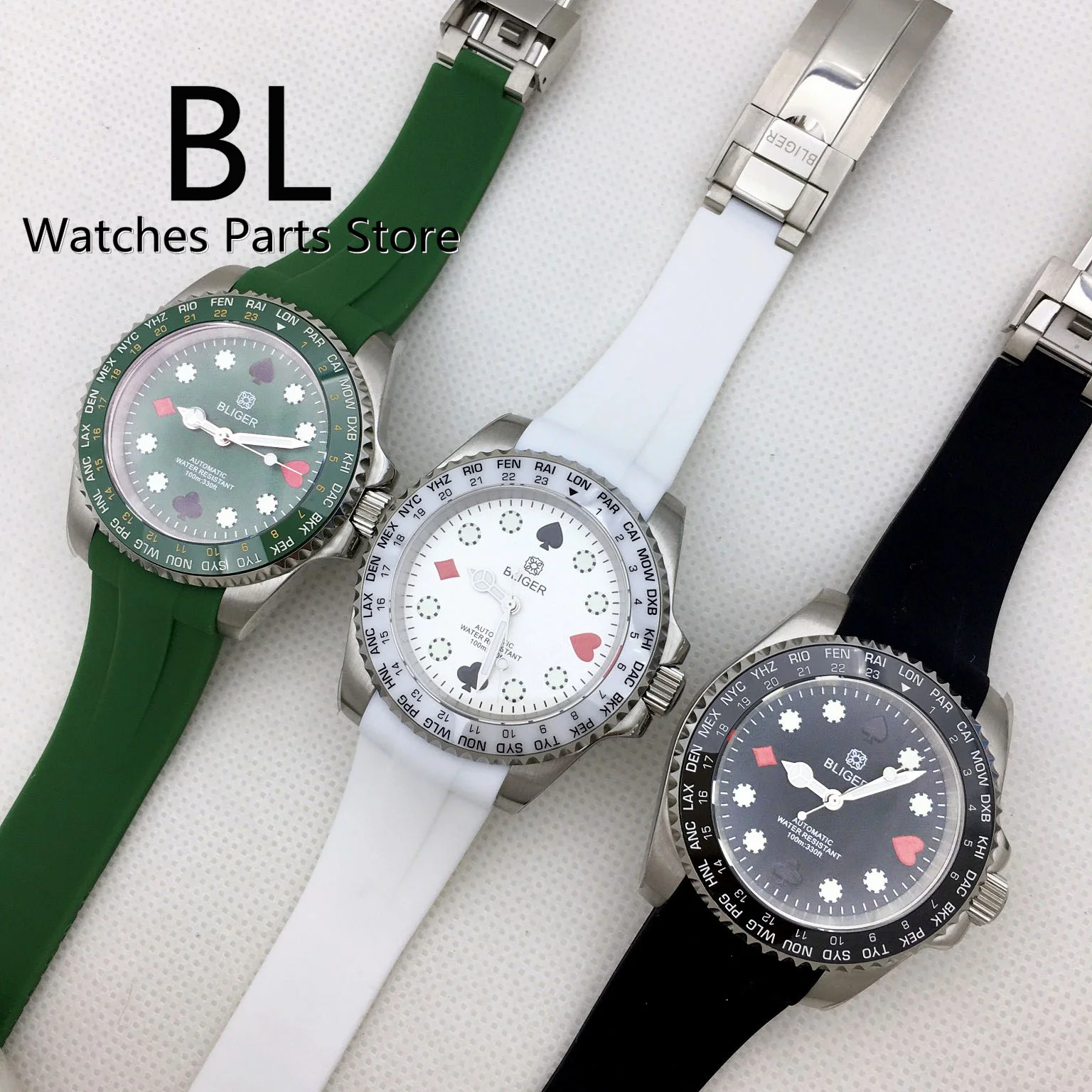 BLIGER New 40mm Watch For Men NH35 Automatic Spphire Glass World City Name Bezel Poker Pattern Dial Green Luminous Rubber Strap