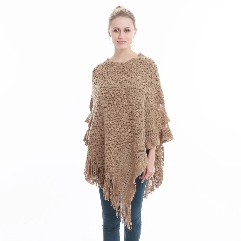 Spring Autumn Women Wave Pattern Pullover Cape Tassels Loose Fashion Street Poncho Lady Capes Khaki Cloaks