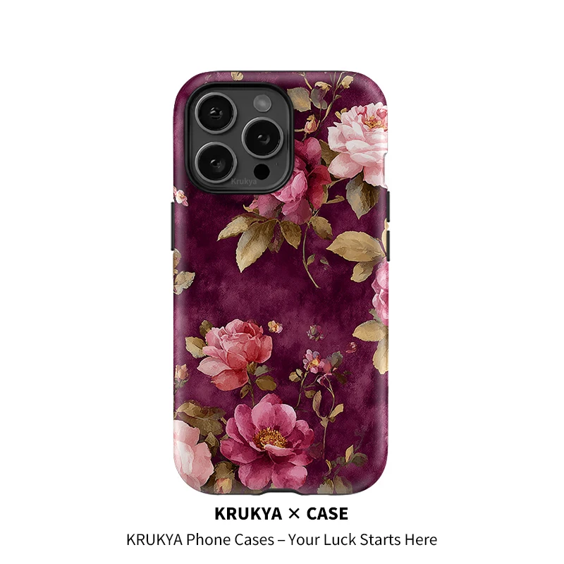 Krukya جراب هاتف آيفون 17 الهواء 16 زائد 15 برو ماكس 12 13 14 SE X XR XS ريترو زهرة نمط الاكريليك طبقة مزدوجة ماتي غطاء