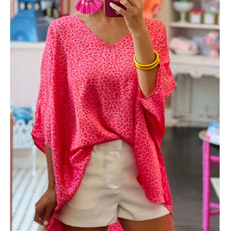 

New Fashion Printing Summer Women Blouses Casual Loose Woman Tops Short Sleeve Clothes V Neck Women's Shirts Blusas Mujer 8619