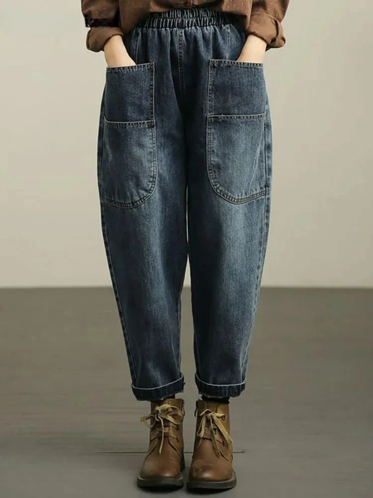 

High Waist Harem Jeans Woman Casual Big Pocket Ankle Length Denim Pants Spring Fall Korean Oversize 90kg Vintage Vaqueros