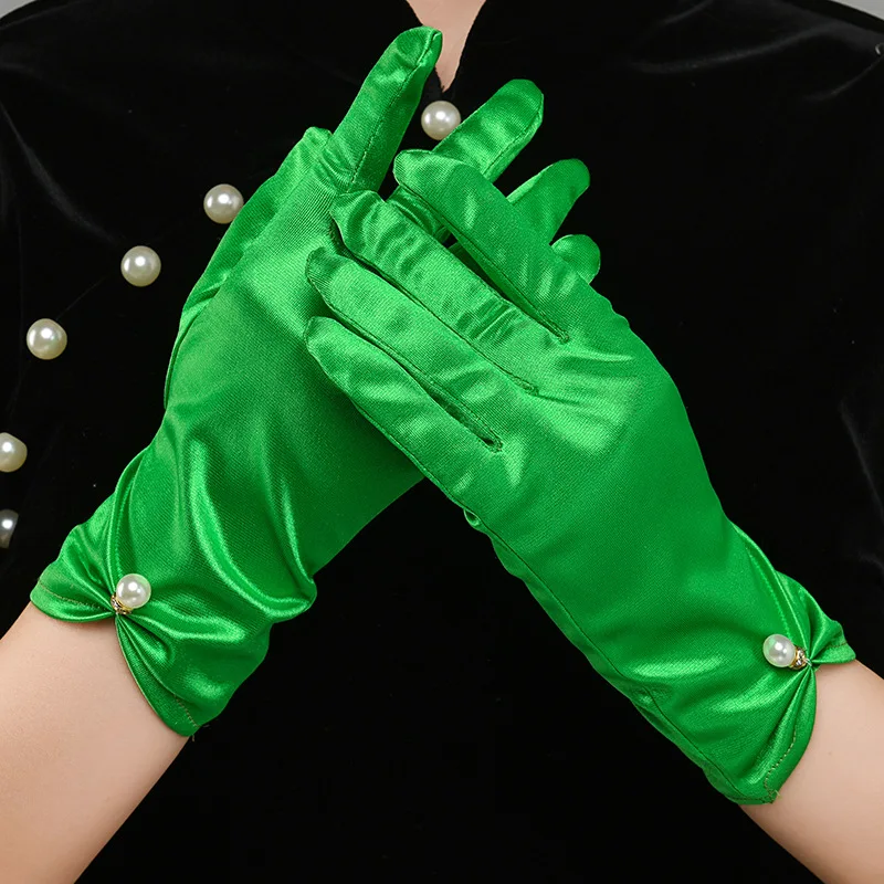 Weiße Satin-Handschuhe für Hochzeitskleider, kurze, elegante Blütenblatt-Perlen-Schleifen-Netz-Handschuhe, vielseitiges Fotozubehör, Perlen-Retro – Detail 15