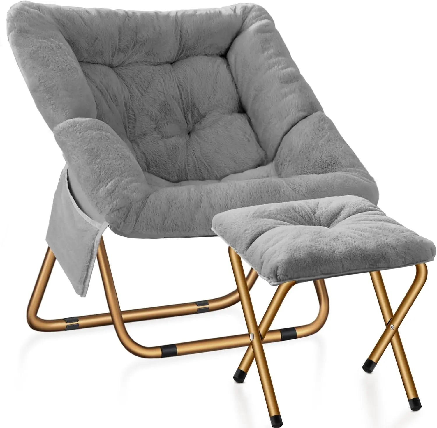 

Foldable Saucer Chair, Soft Faux Fur Lounge Chair, Grey, X-Large, for Bedroom or Living Room