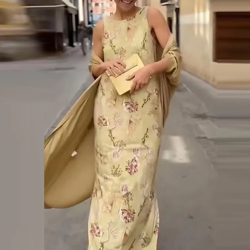 Casual Lady Loose Commute 2 Piece Set Summer Sleeveless O-neck Dress Set Fashion Contrast Color Printed Vestdios Dress With Coat