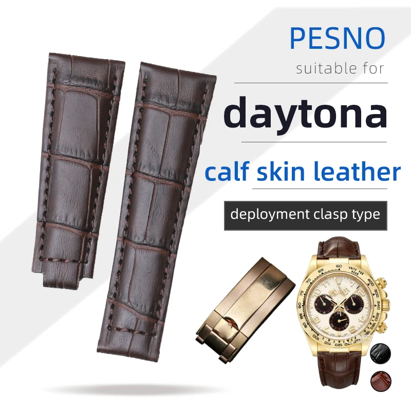 PESNO suitable for Rolex Cosmograph Daytona Genuine Calf Skin Leather Watch Bands Men Watch Accessories Straps 20mm Black Brown