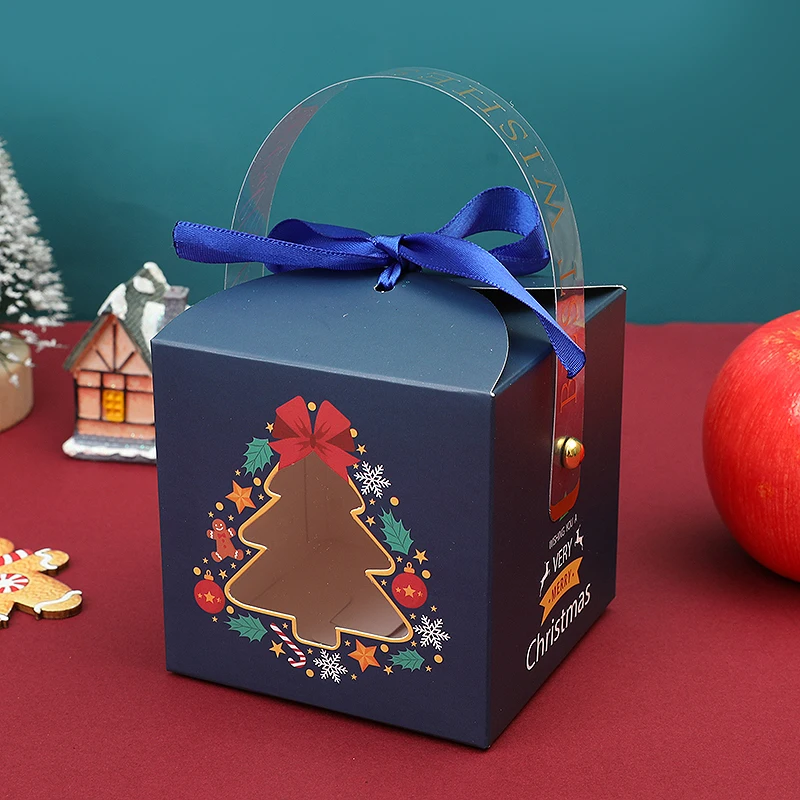 4pcs Christmas Paper Box with Window Handle Candy Gift Packaging Box Bag For New Year Navidad Gifts Home Xmas Decoration 2024