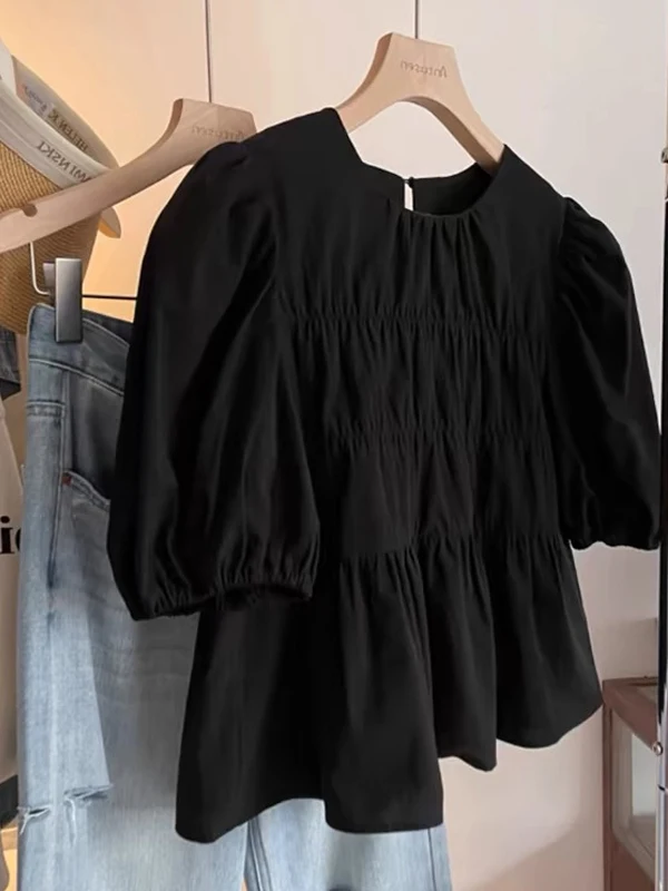 

Повседневная женская блузка с короткими рукавами-фонариками и плиссировкой, летняя новинка, дышащий полиэстер, круглый вырез, однотонная