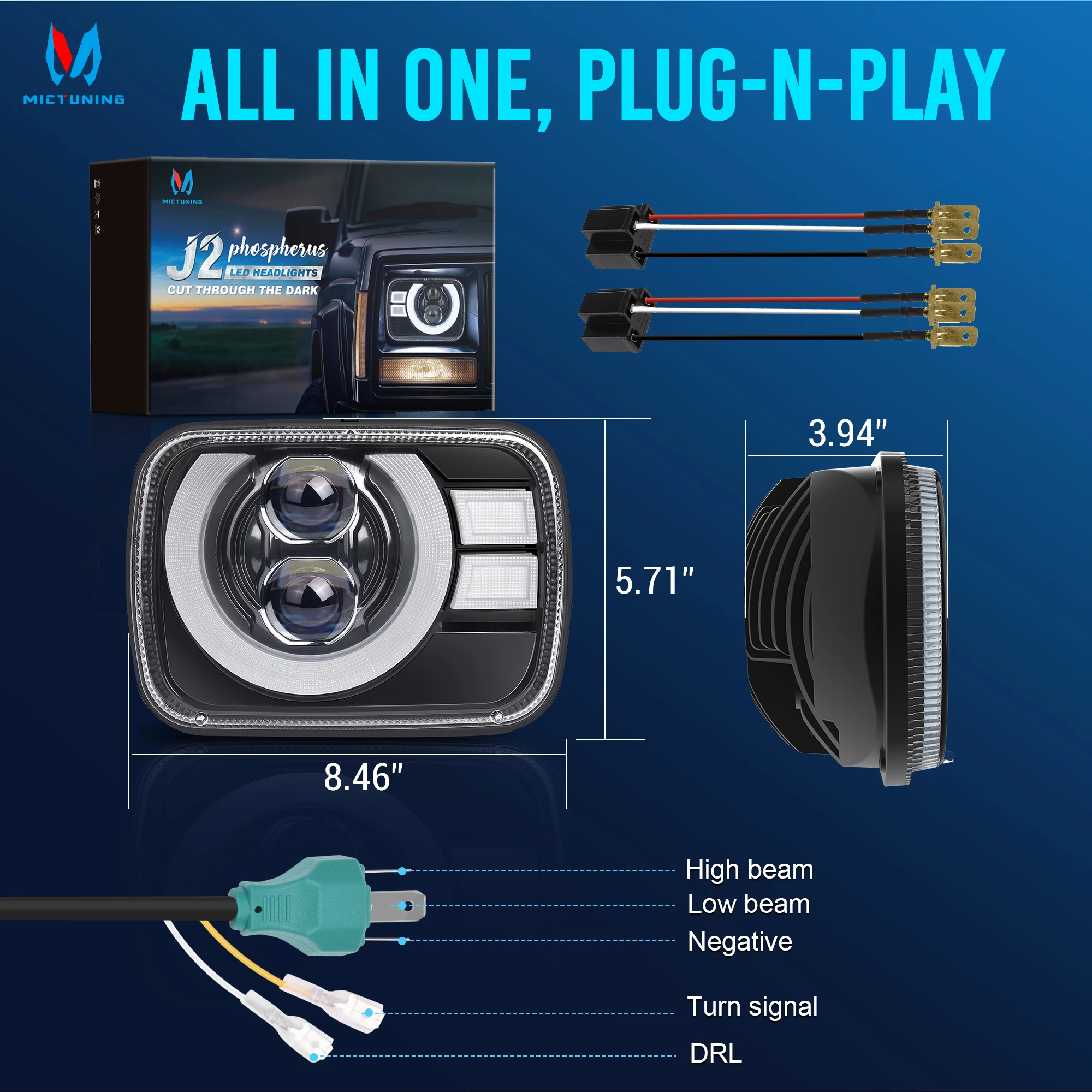 

MICTUNING 2026 Next-Gen J2-Eclipse 5x7 7x6 светодиодные фары, сверхяркие дальние/ближние фары с DRL и янтарными динамическими указателями поворота