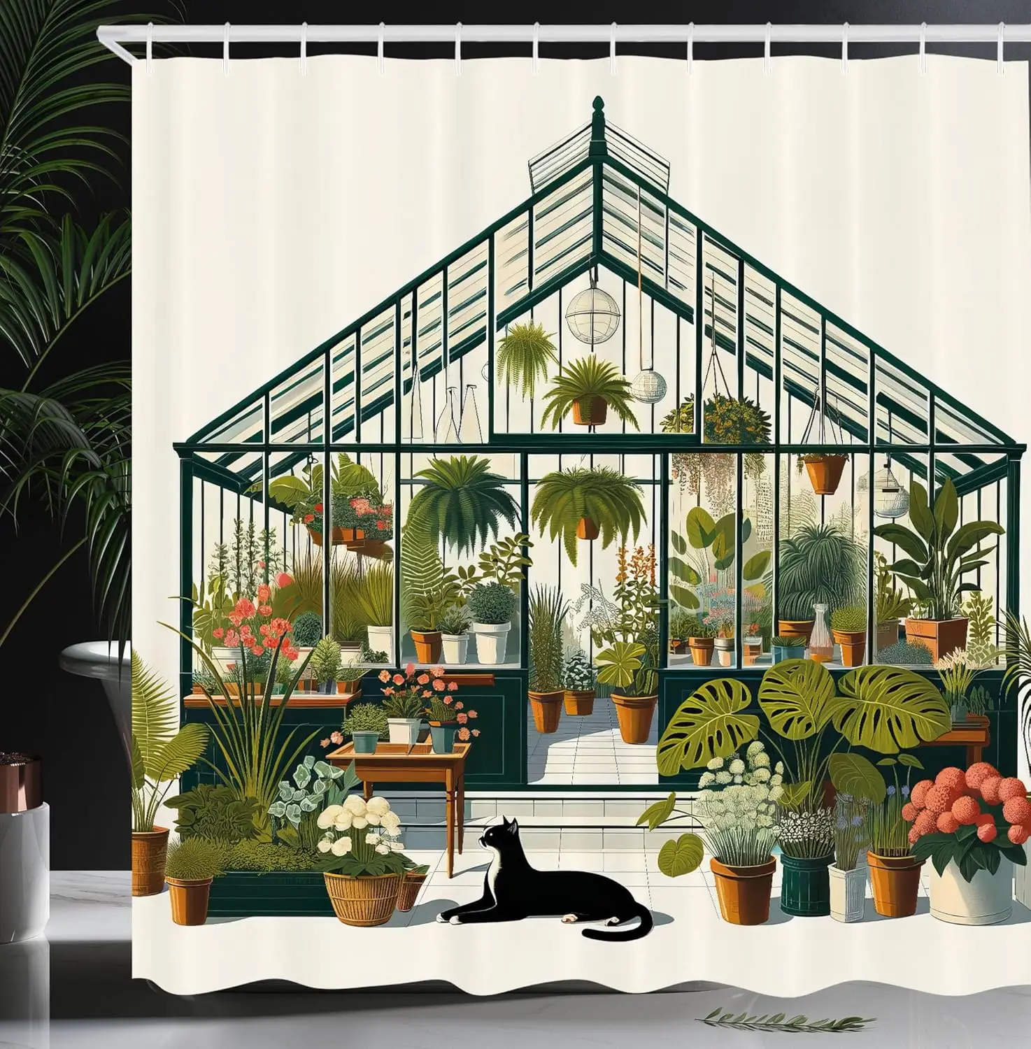 

Greenhouse Plants and Cat Shower Curtain Botanical Garden Theme Bathroom Decorative Curtain Home Nature Inspired Shower Curtain