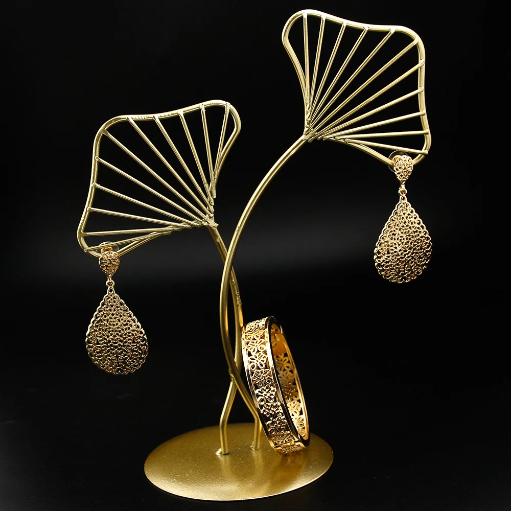Sunspicems Chic Gold Color Bangle Earring Set Arabic Muslim Wedding Jewelry Luxury Bridal Drop Earring Algeria Brand Bijoux Gift